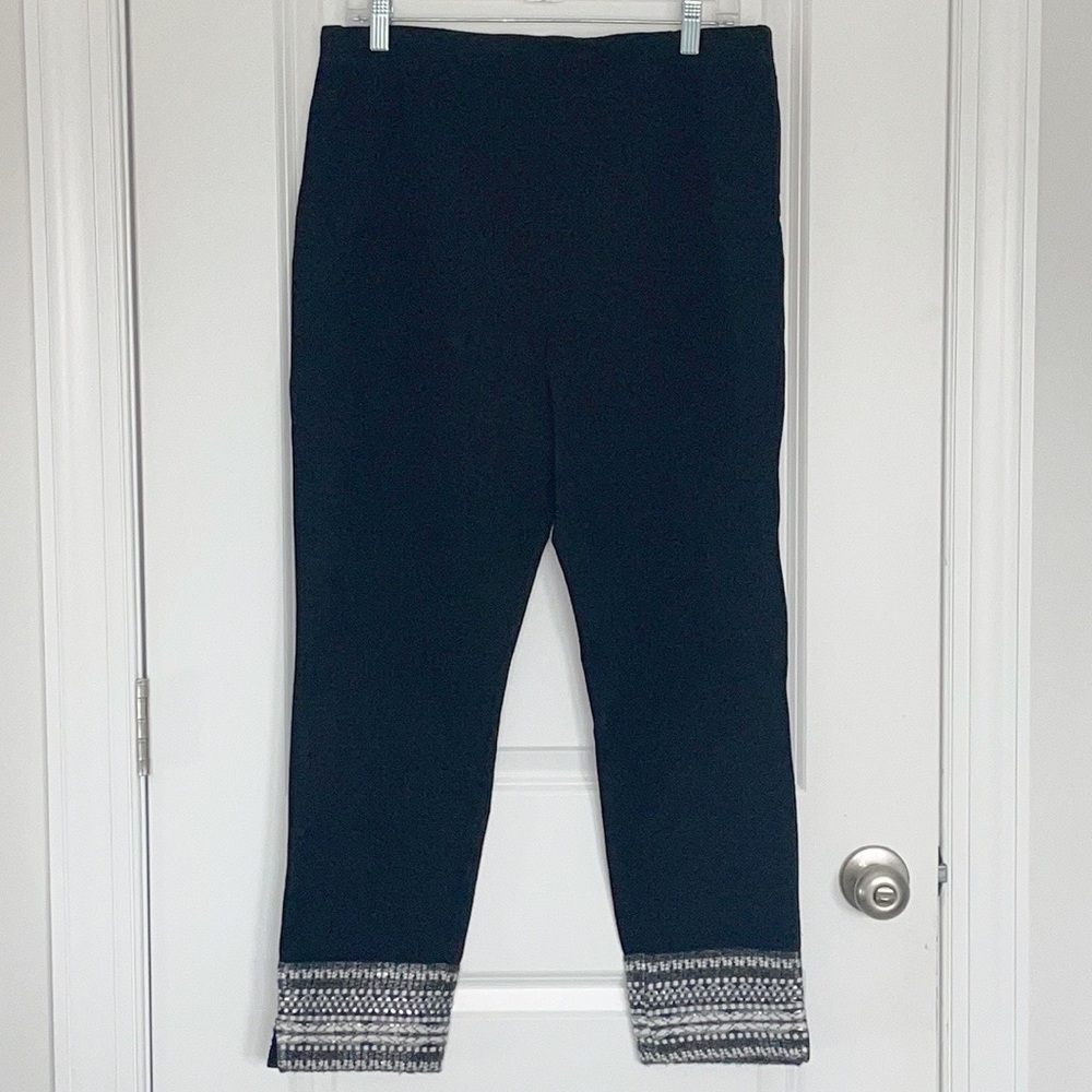 Karen Kane black straight leg pants with pattern at ankle
